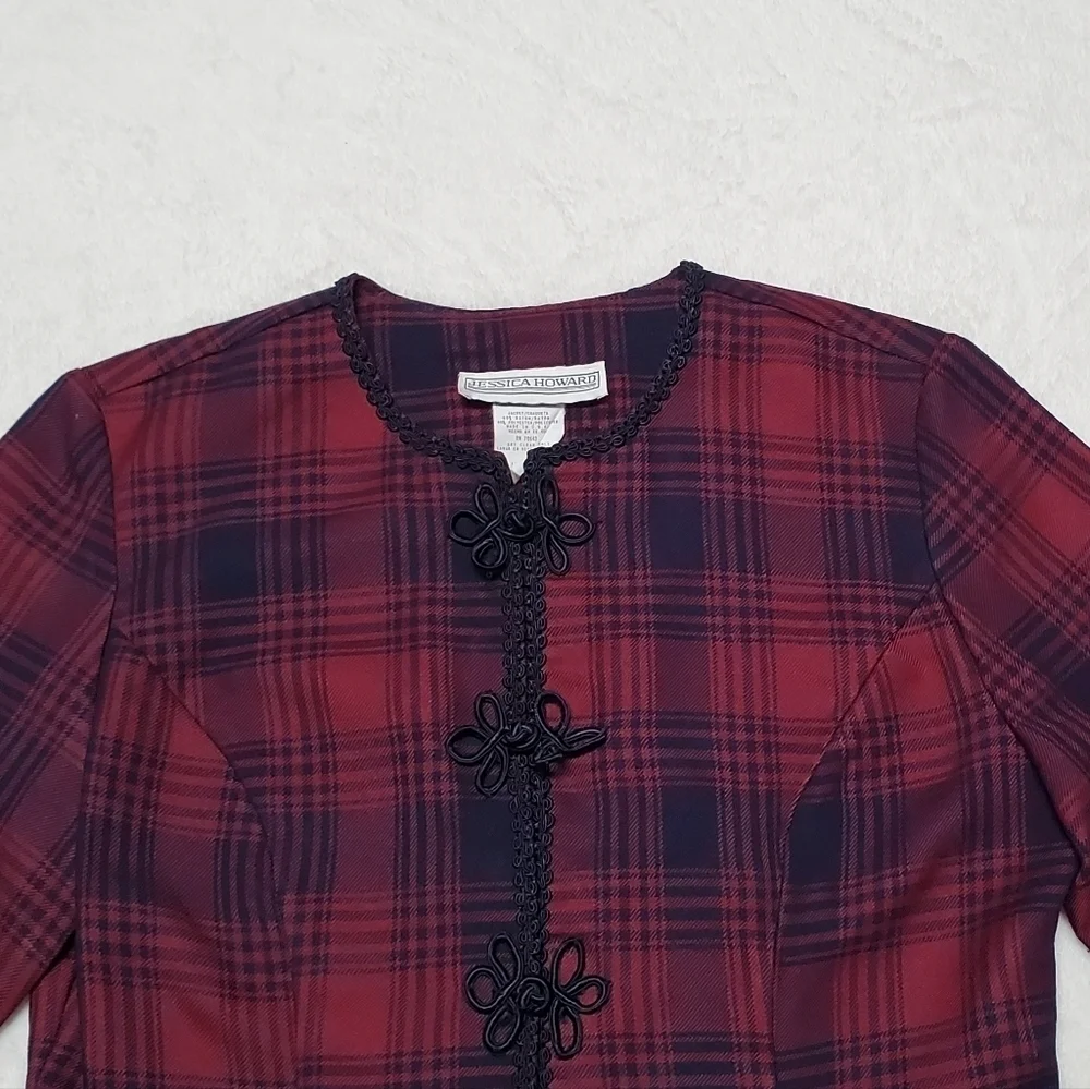 VINTAGE 80s Jessica Howard Wine Red Buffalo Plaid Ribbed Pants Mockneck Top Set
